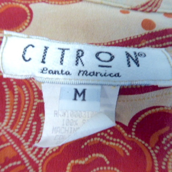 CITRON Santa Monica gold red KOI FLORAL SILK mandarin short sleeve maxi Dress M - Picture 6 of 6